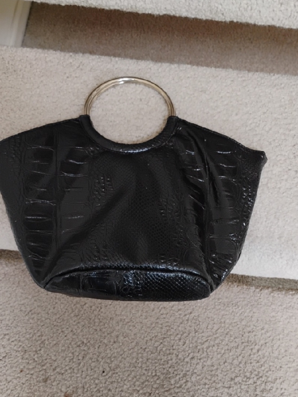 Black Croc-Embossed Ring Handle Tote